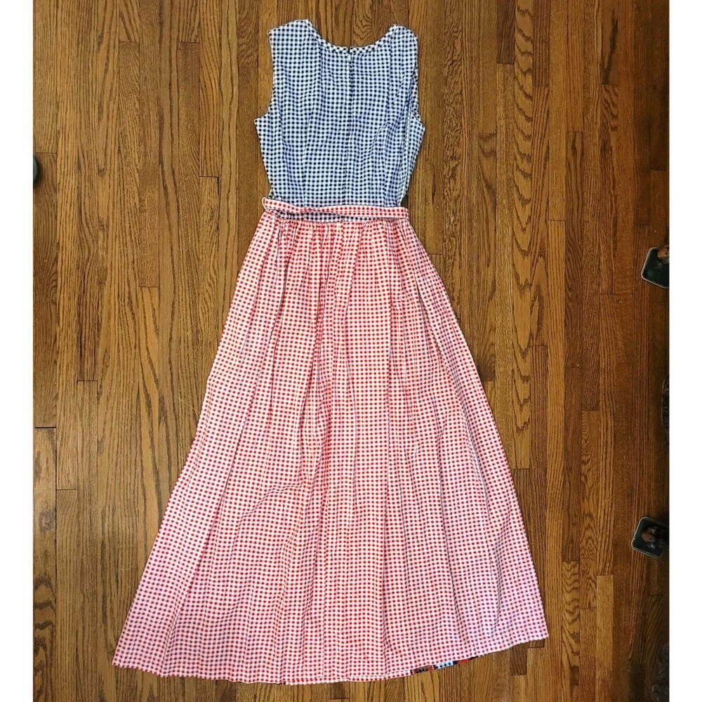 VTG 70s Red White Blue Bicentennial Maxi Dress Gingham floral Boho Hostess S M - Picture 7 of 10